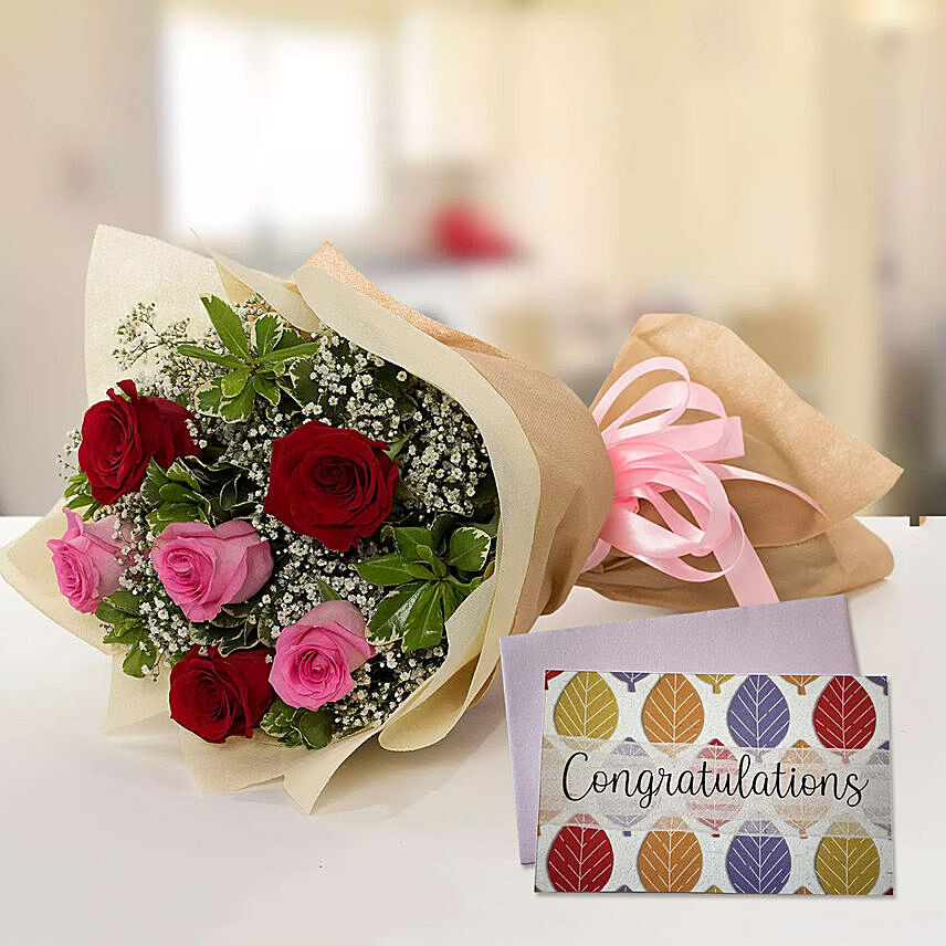 6 Mix Roses Bouquet & Congratulations Card