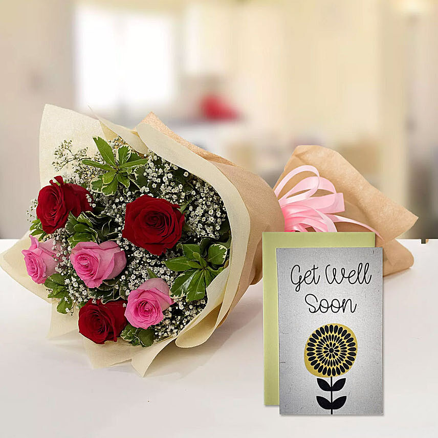 6 Mix Roses Bouquet & Get Well Soon Card