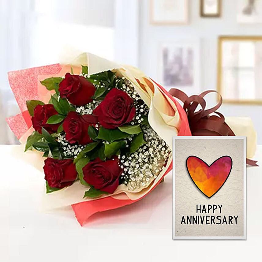 6 Red Roses Bouquet With Handmade Anniversary Card
