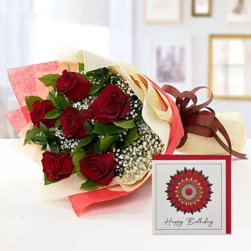 6 Red Roses Bouquet With Handmade Birthday Card