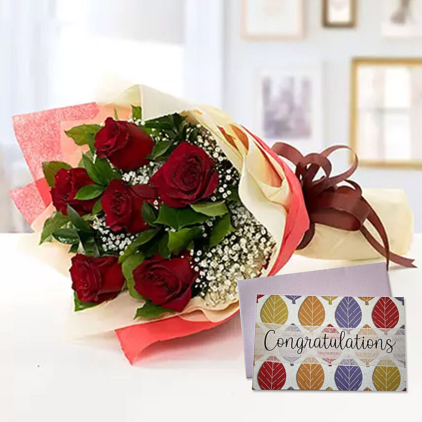 6 Red Roses Bouquet With Handmade Congratulations Card