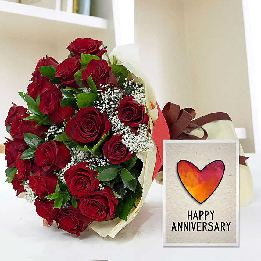 Bouquet of Red Roses & Handmade Anniversary Card