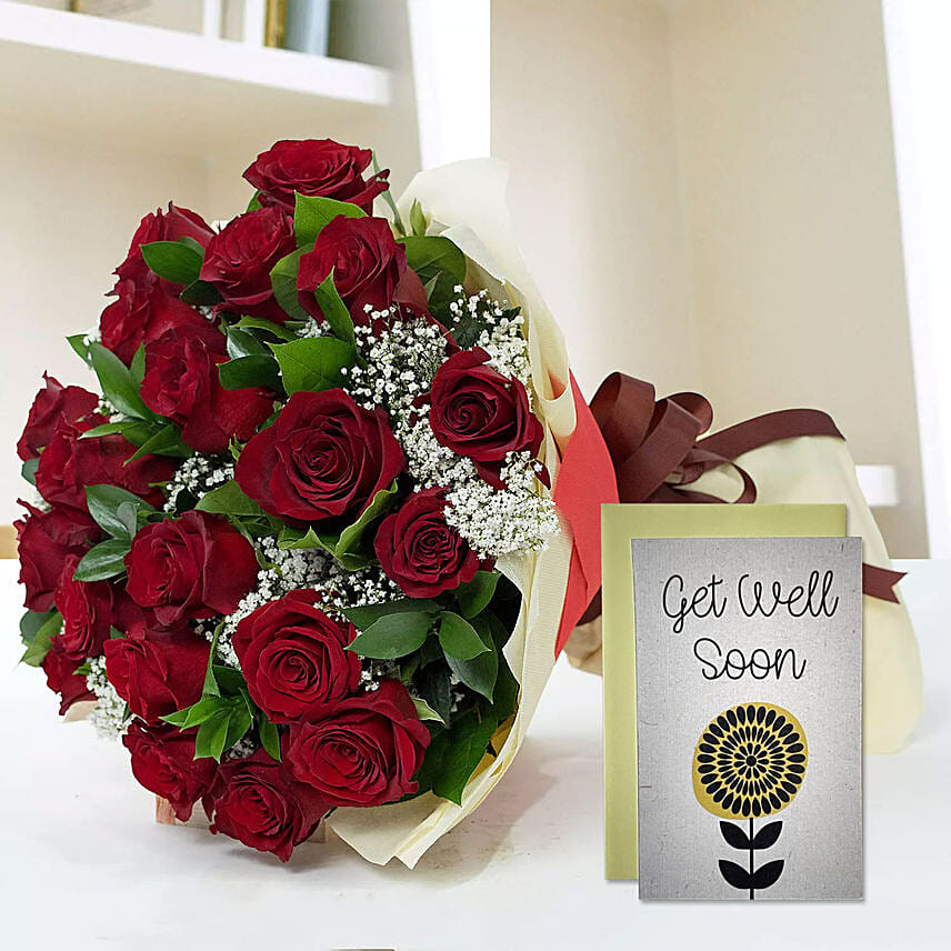 Bouquet of Red Roses & Handmade Get Well Soon Card