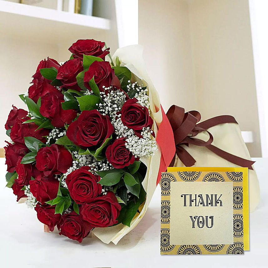Bouquet of Red Roses & Handmade Thank You Card