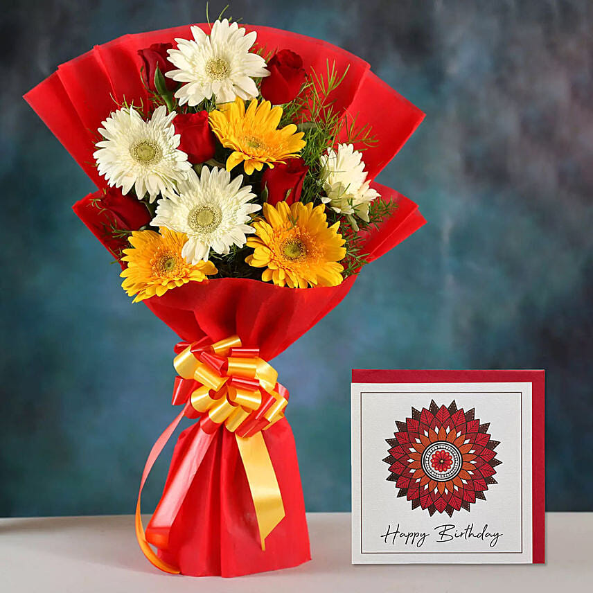 Mix Gerbera Bouquet & Handmade Birthday Card