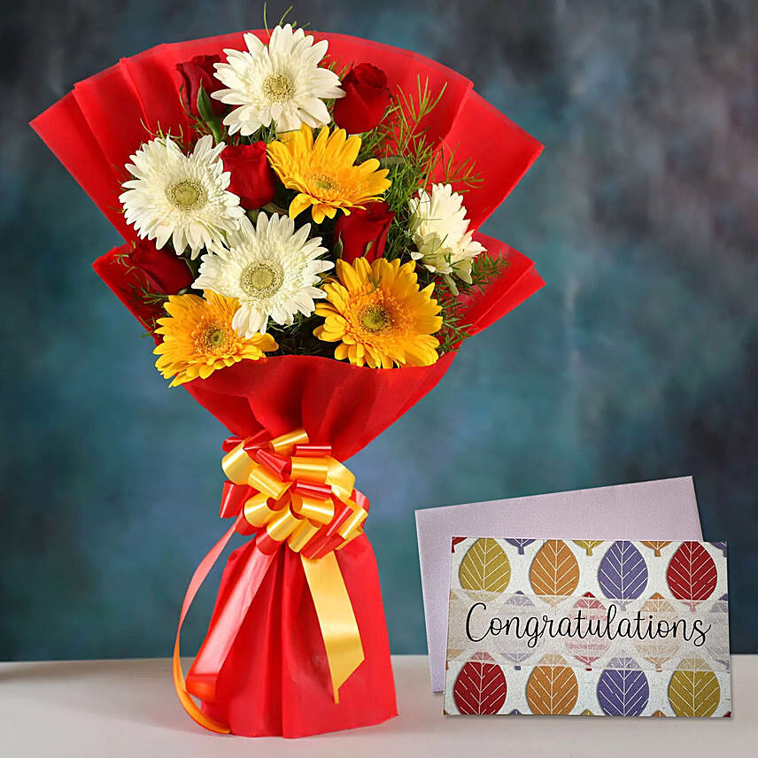 Mix Gerbera Bouquet & Handmade Congratulations Card