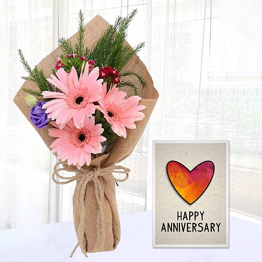 Pink Gerbera Chic Bunch & Handmade Anniversary Card