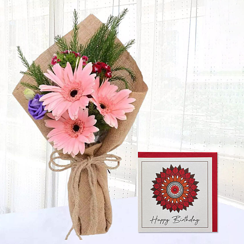 Pink Gerbera Chic Bunch & Handmade Birthday Card