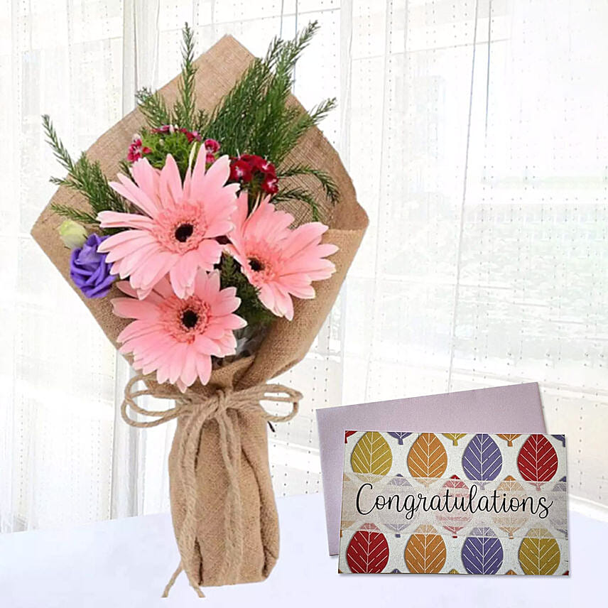 Pink Gerbera Chic Bunch & Handmade Congratulations Card