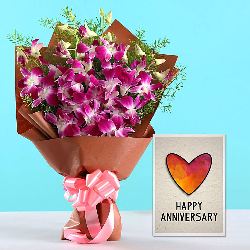 Purple Orchid Bouquet & Handmade Anniversary Card