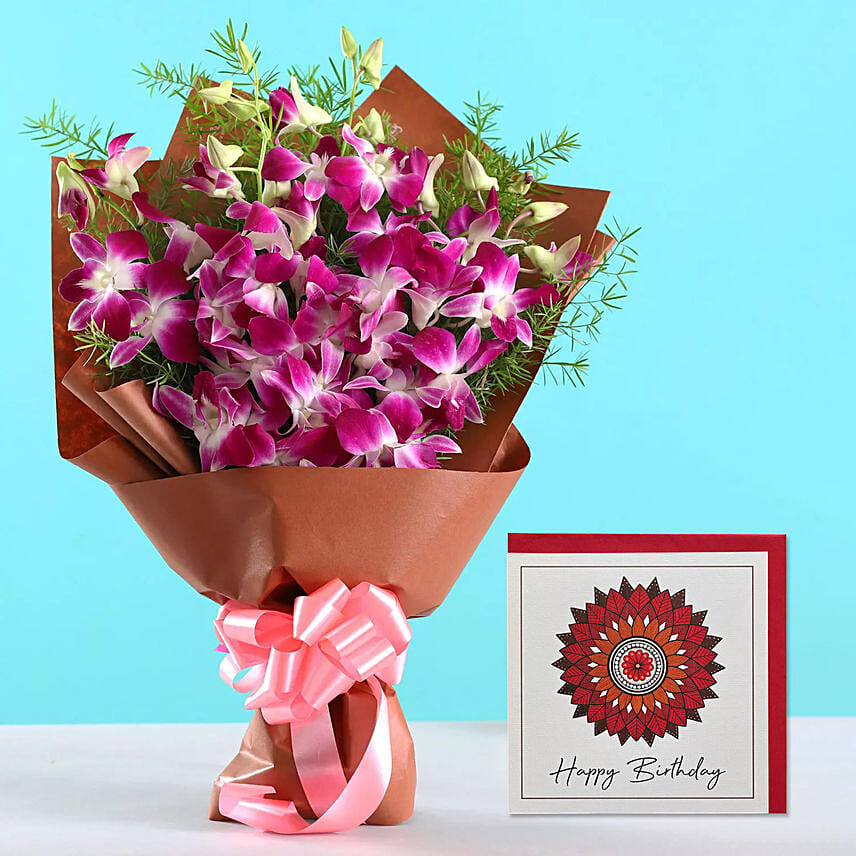 Purple Orchid Bouquet & Handmade Birthday Card