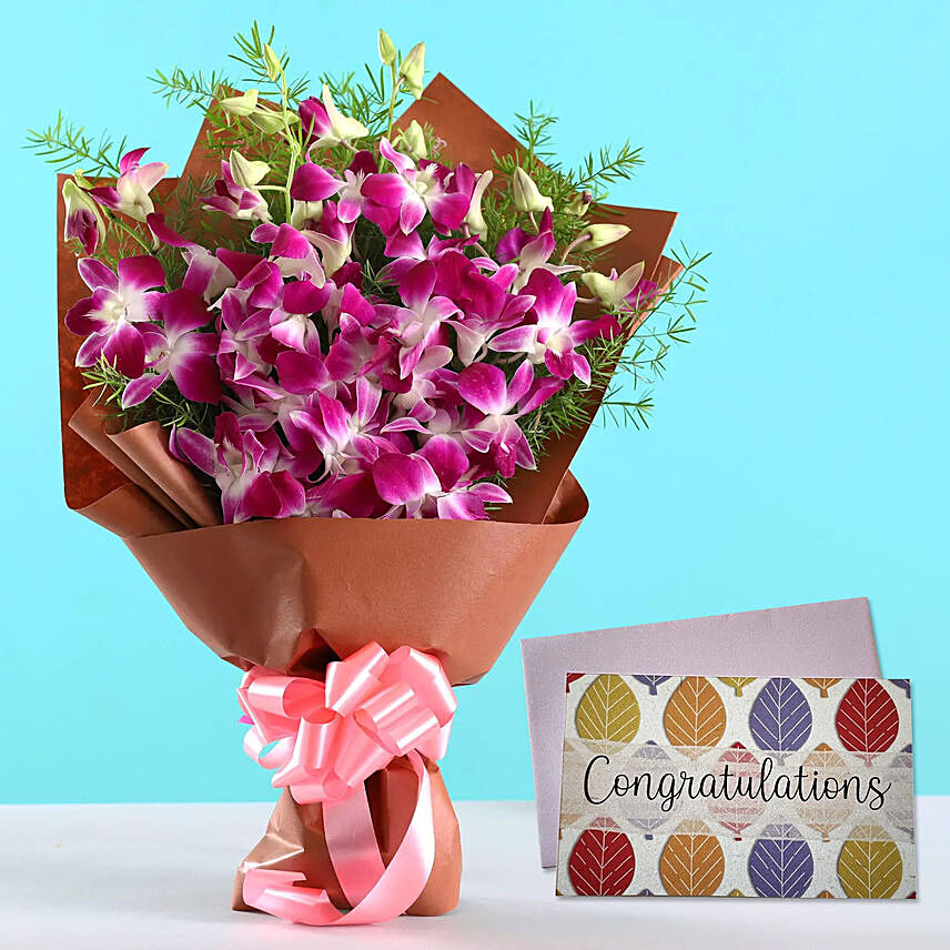 Purple Orchid Bouquet & Handmade Congratulations Card