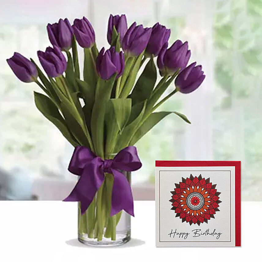 Purple Tulip Arrangement & Handmade Birthday Greeting Card