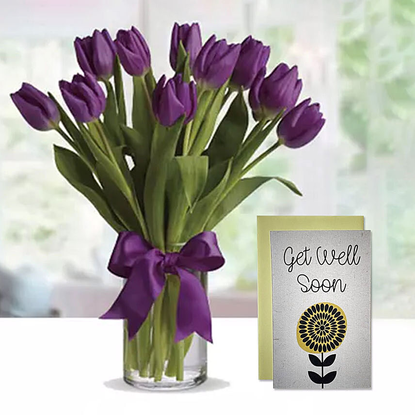Purple Tulip Arrangement & Handmade Gel Well Soon Greeting Card