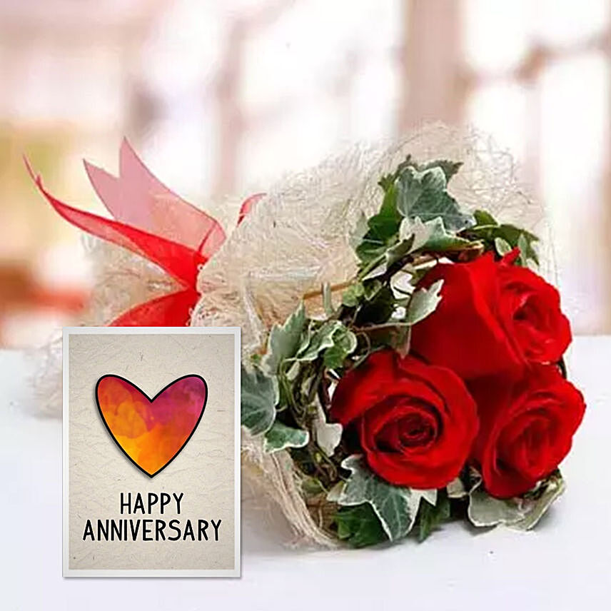 Red Roses Bouquet & Handmade Anniversary Greeting Card