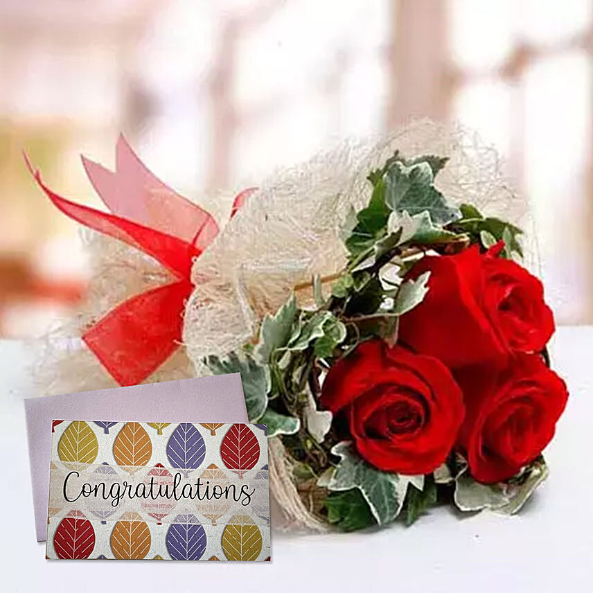 Red Roses Bouquet & Handmade Congratulations Greeting Card