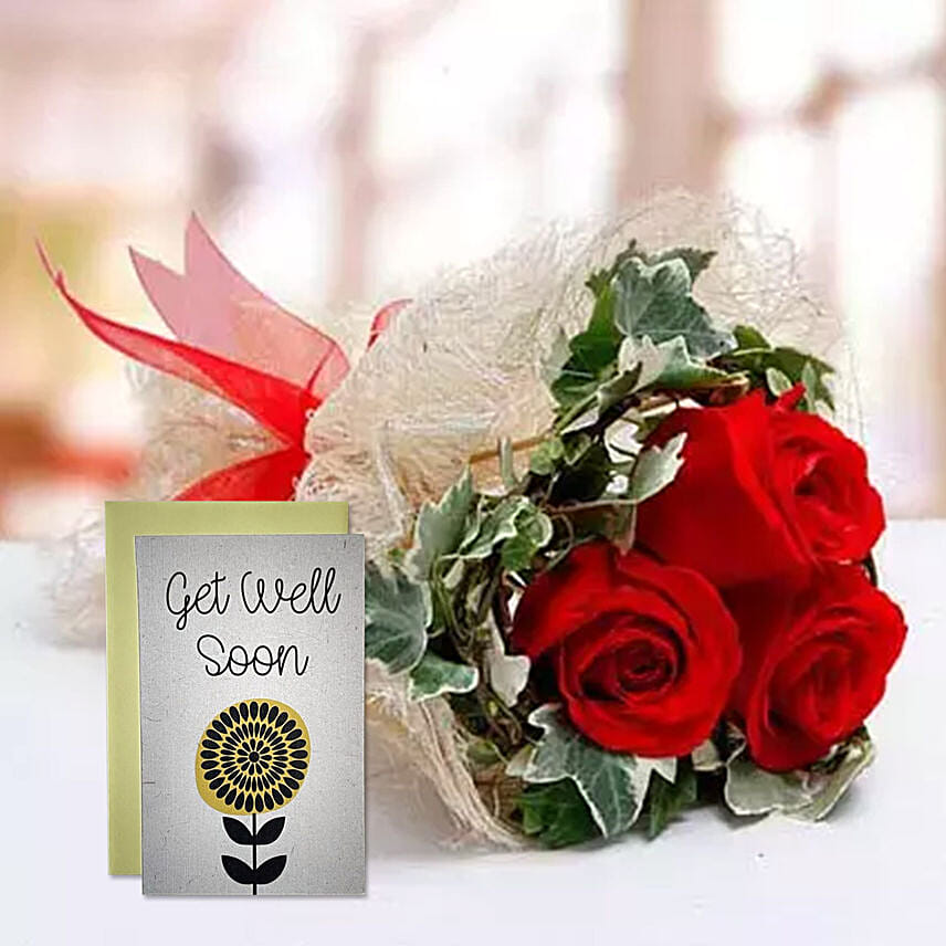 Red Roses Bouquet & Handmade Get Well Soon Greeting Card