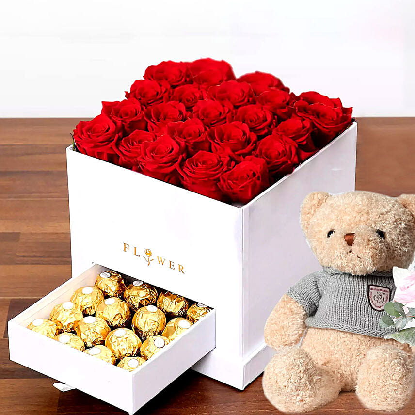 Classic Red Roses Arrangement With Teddy Bear