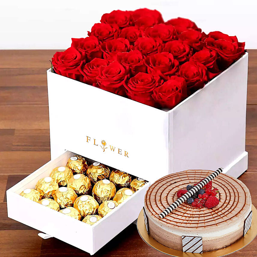 Classic Red Roses Arrangement With Triple Chocolate Cake