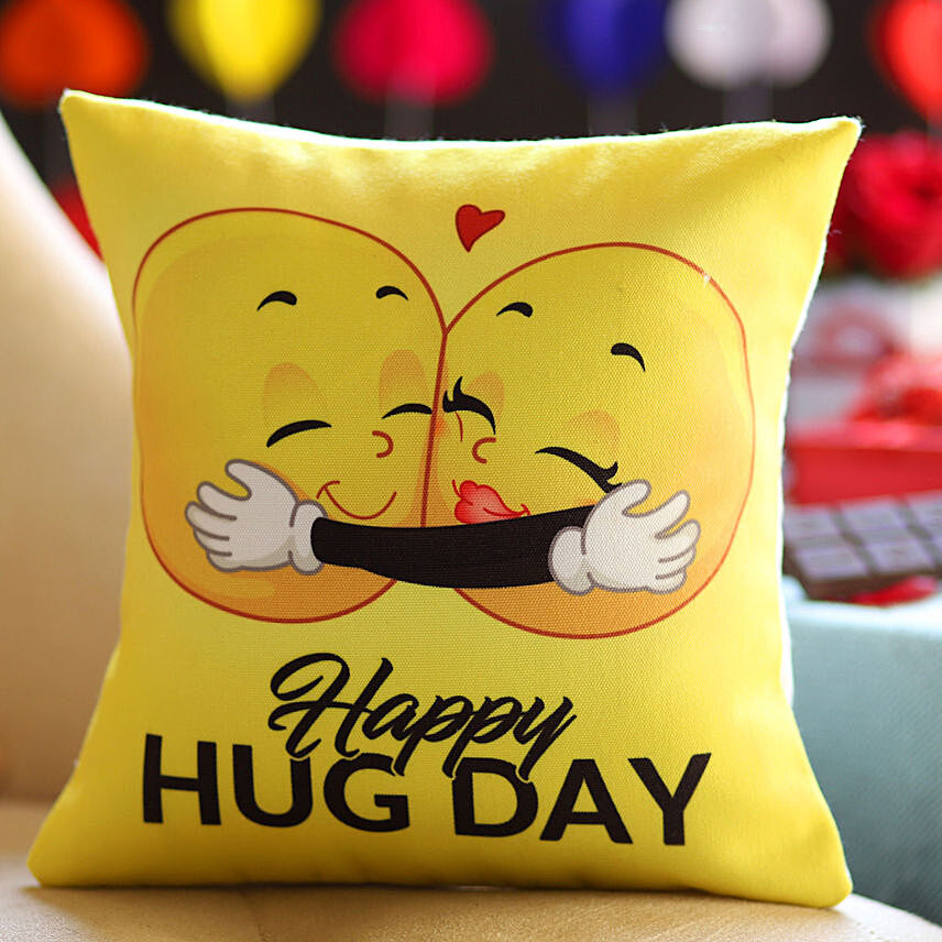Happy Hug Day Printed Emoji Cushion