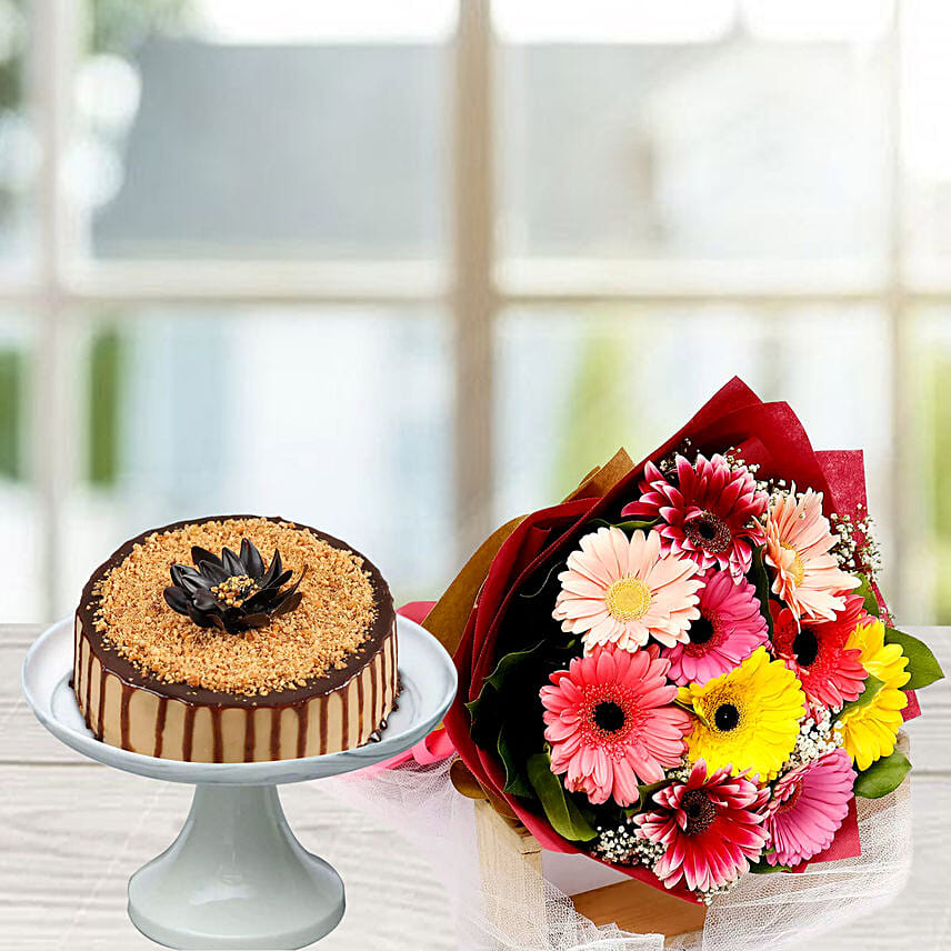 Gerbera Bouquet With 1.5 Kg Butterscotch Cake