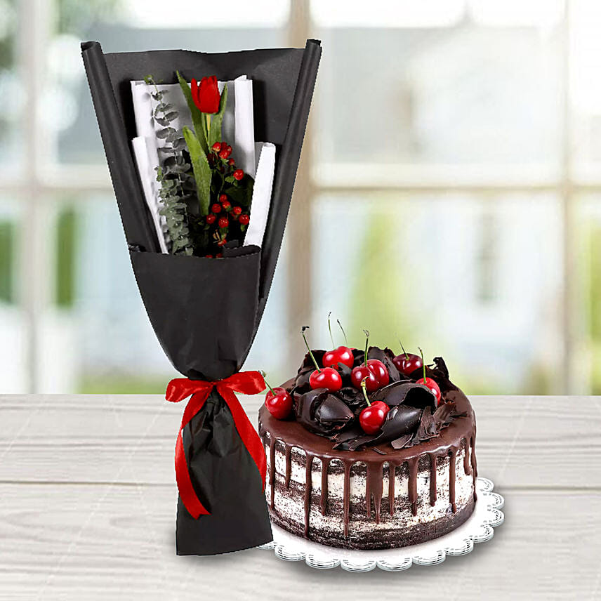 Red Tulip With Half Kg Black Forest Cake