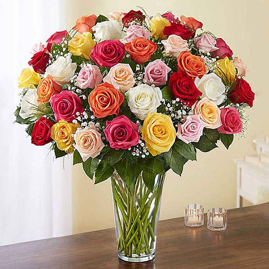 Bunch of 50 Assorted Roses Arranged In Glass Vase