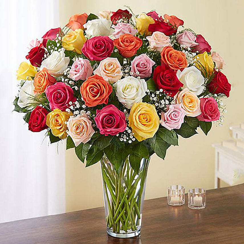 Bunch of 50 Assorted Roses Arranged In Glass Vase