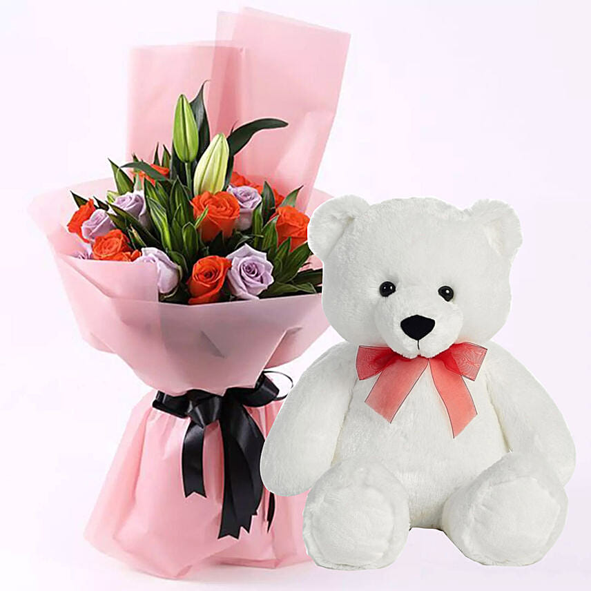 Orange Purple Roses With Teddy Bear 18 Inches