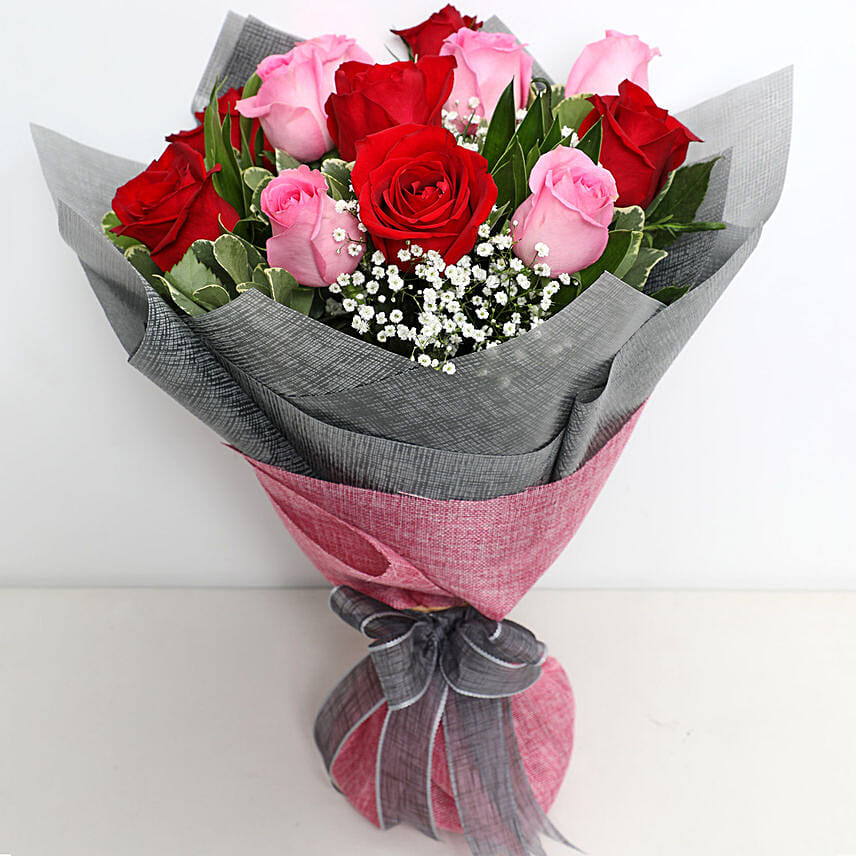 Pink and Red Roses Grand Bouquet With Baby Breath