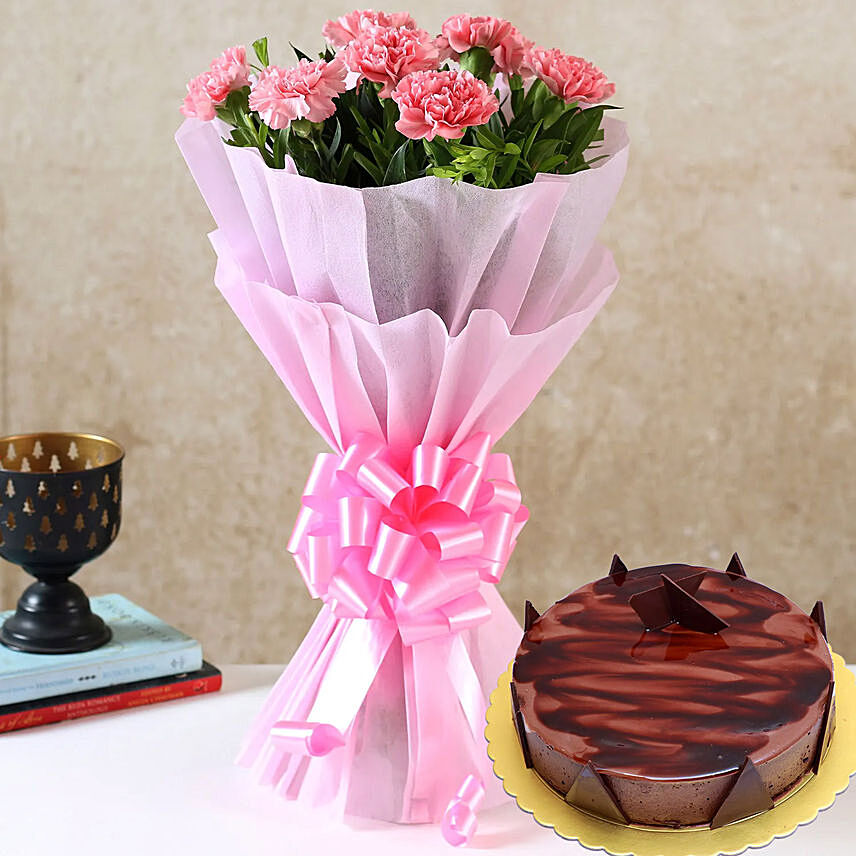 Pink Carnations Chocolate Ganache Cake 4 Portions