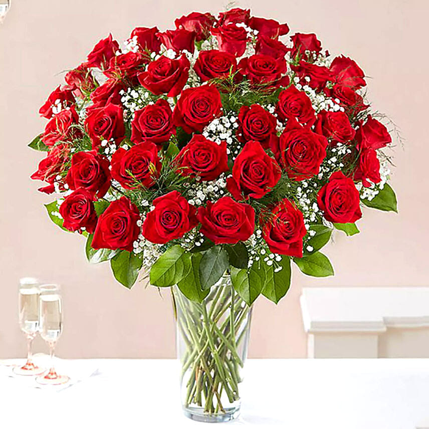 Vase of 50 Scarlet Red Roses