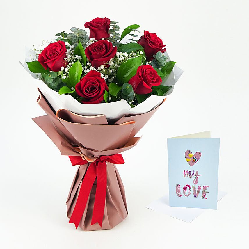 Bunch of Beautiful 6 Red Rose with Card