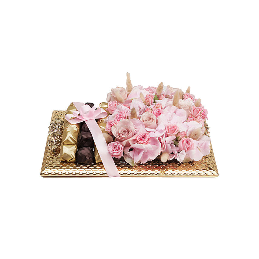 Blissful Mixed Flowers & Chocolates Golden Tray