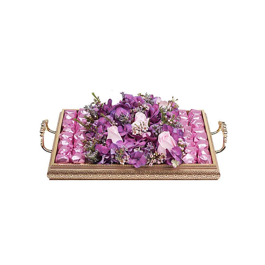 Graceful Mixed Flowers & Chocolates Golden Tray