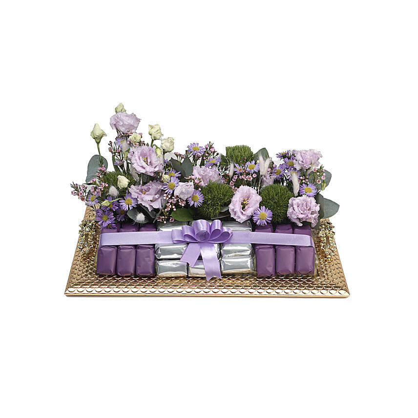 Gracious Mixed Flowers & Chocolates Golden Tray