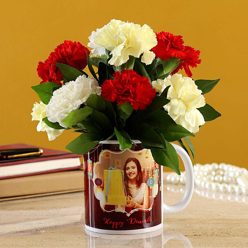 Mixed Carnations In White Mug