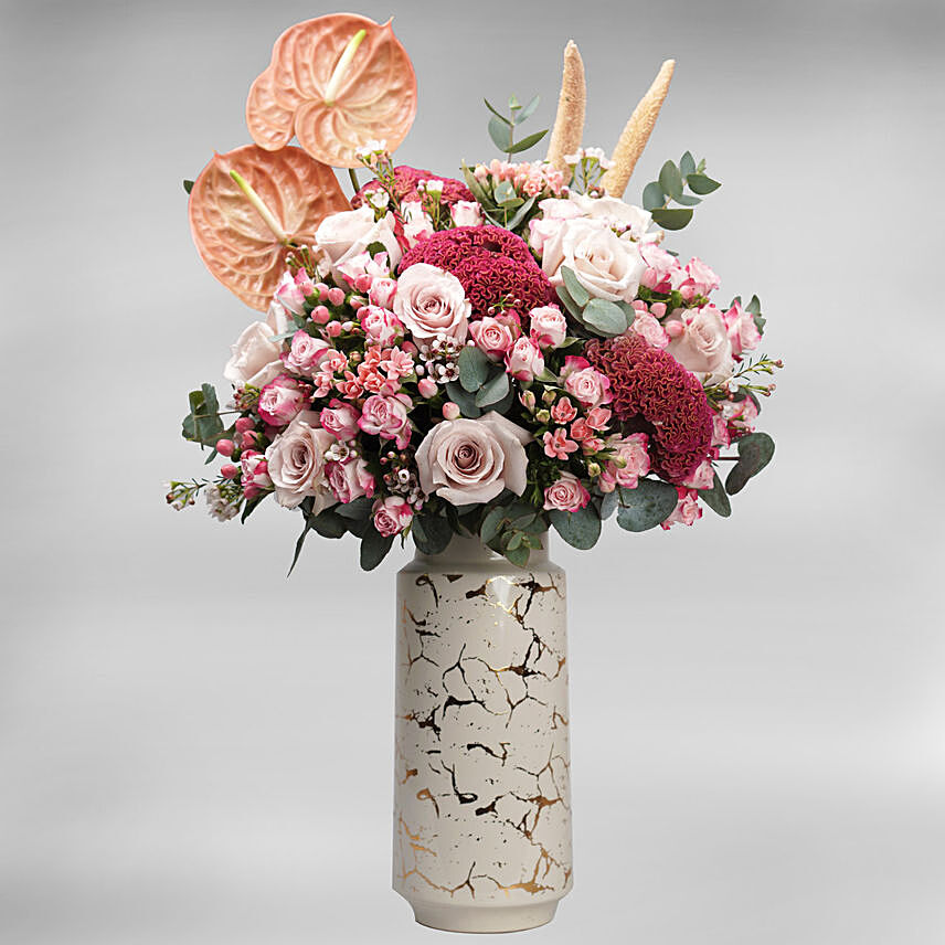 Flamboyant Mixed Flowers White Vase