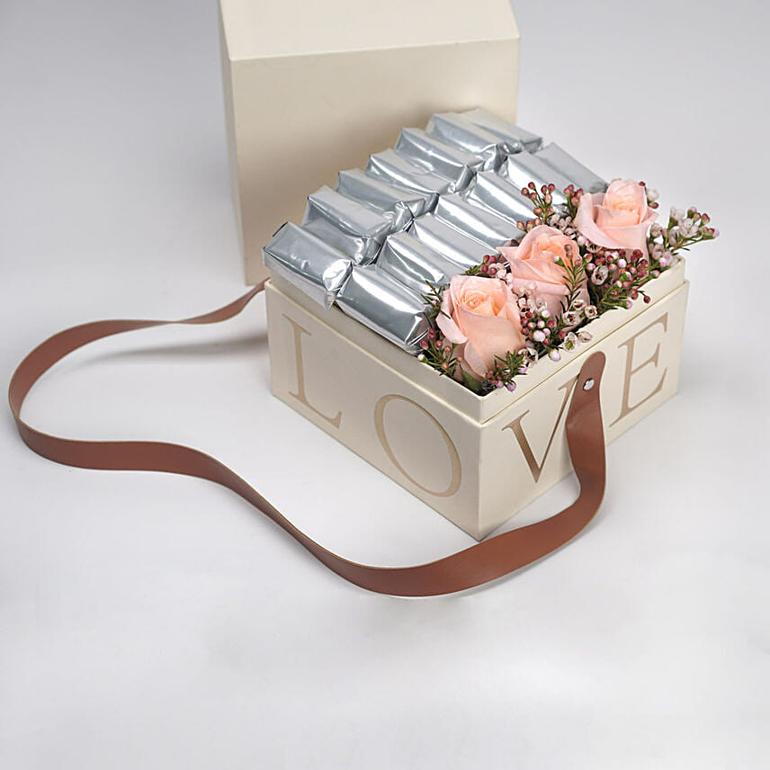 Lovely Peach Roses & Chocolates White Love Box