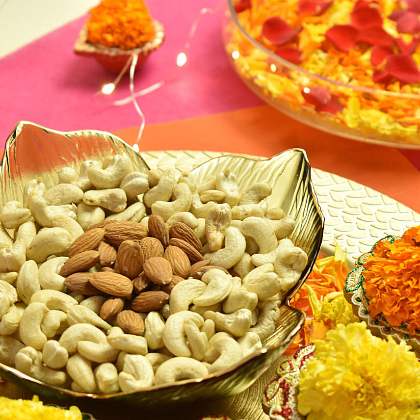 Online Dry Fruits And Diyas In A Platter Gift Delivery in Qatar FNP