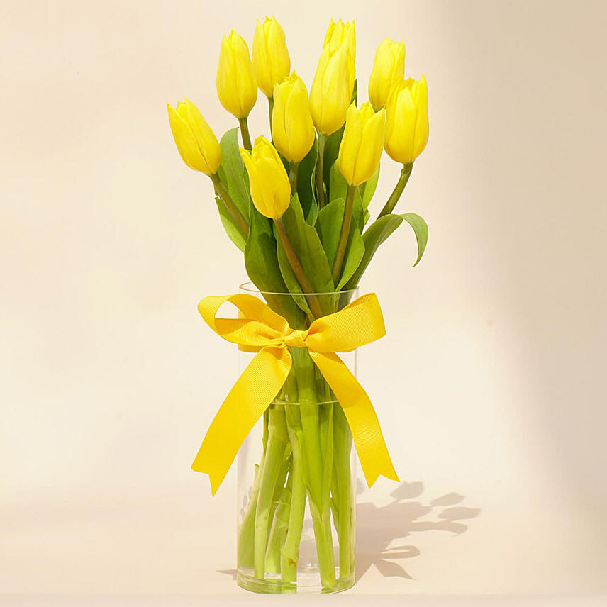 Serene Yellow Tulips Glass Vase