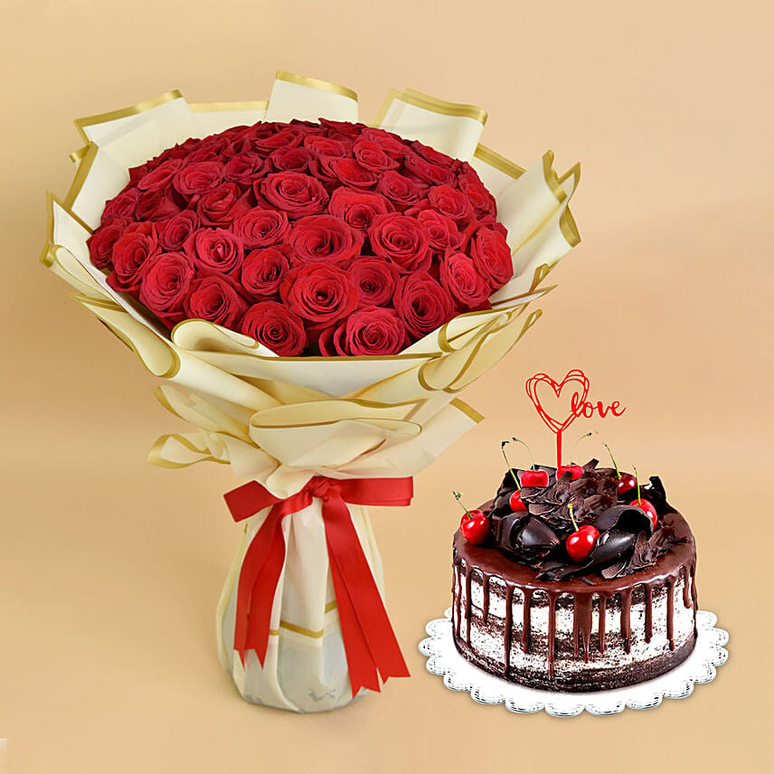 Red Roses with Black Forest Love Cake