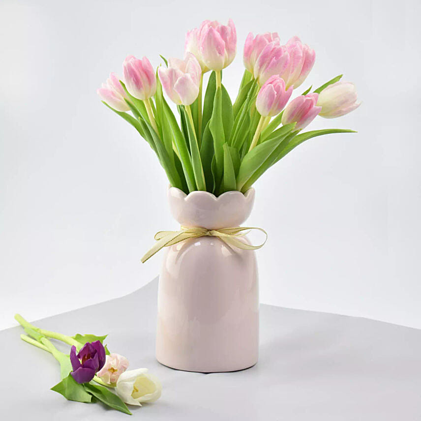 Online Pink Tulips Vase Arrangement Gift Delivery in Qatar - Fnp.ae