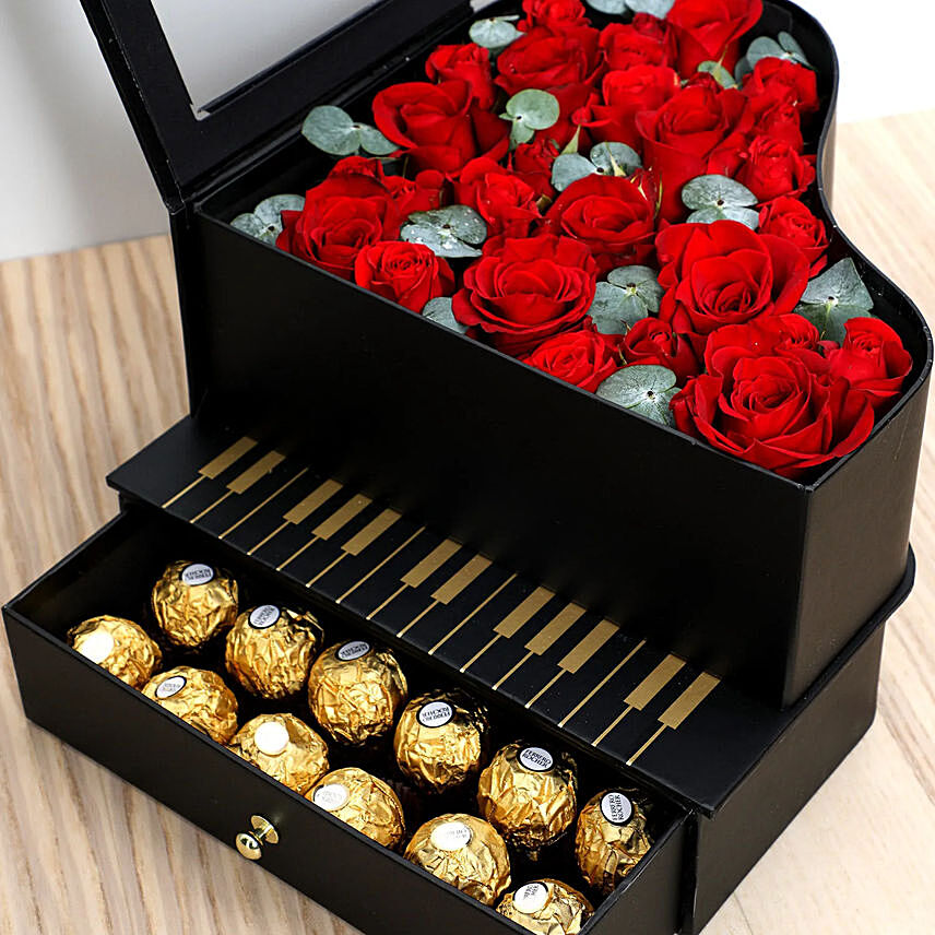 Red Roses and Chocolates Black Heart Box