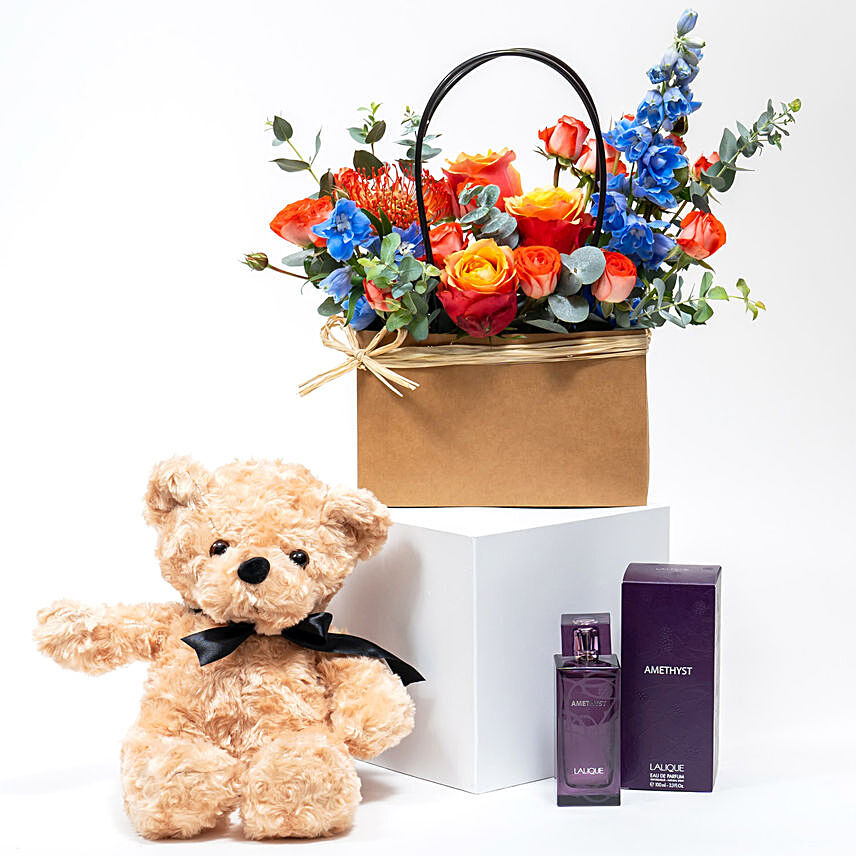 Flower Bag Arrangement with Perfume and Teddy Bear
