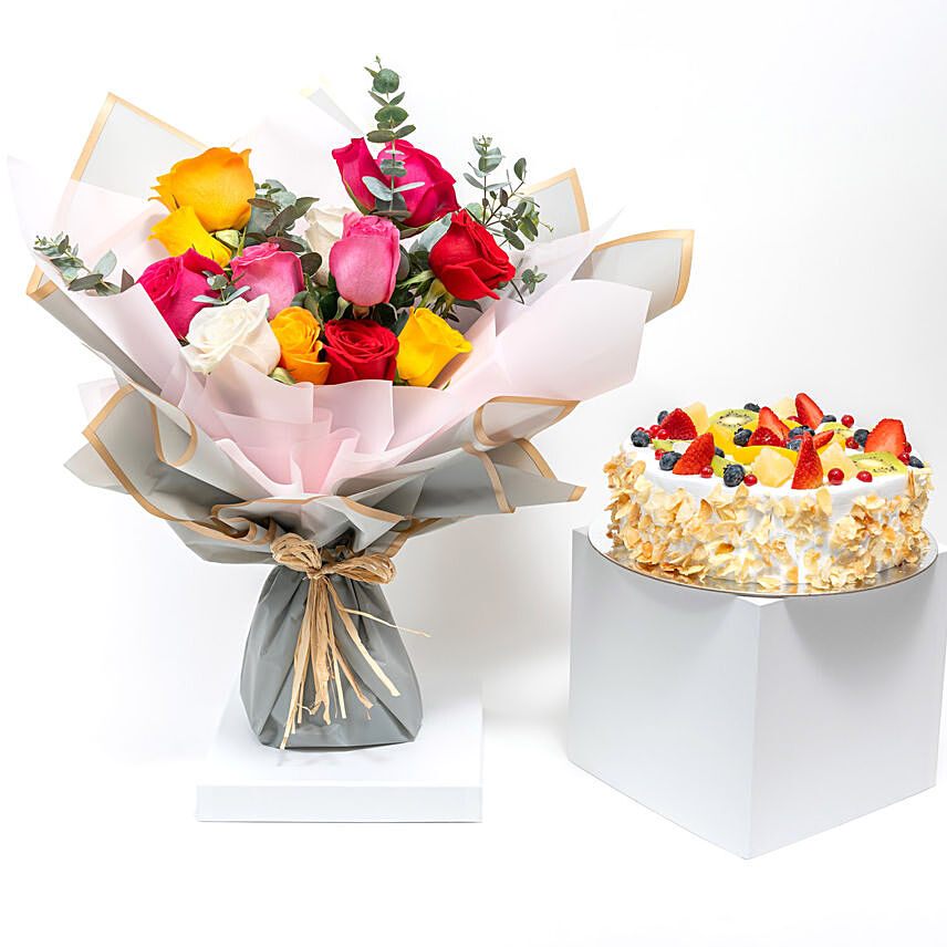 Mixed Color Flower Bouquet with Fruit Cake