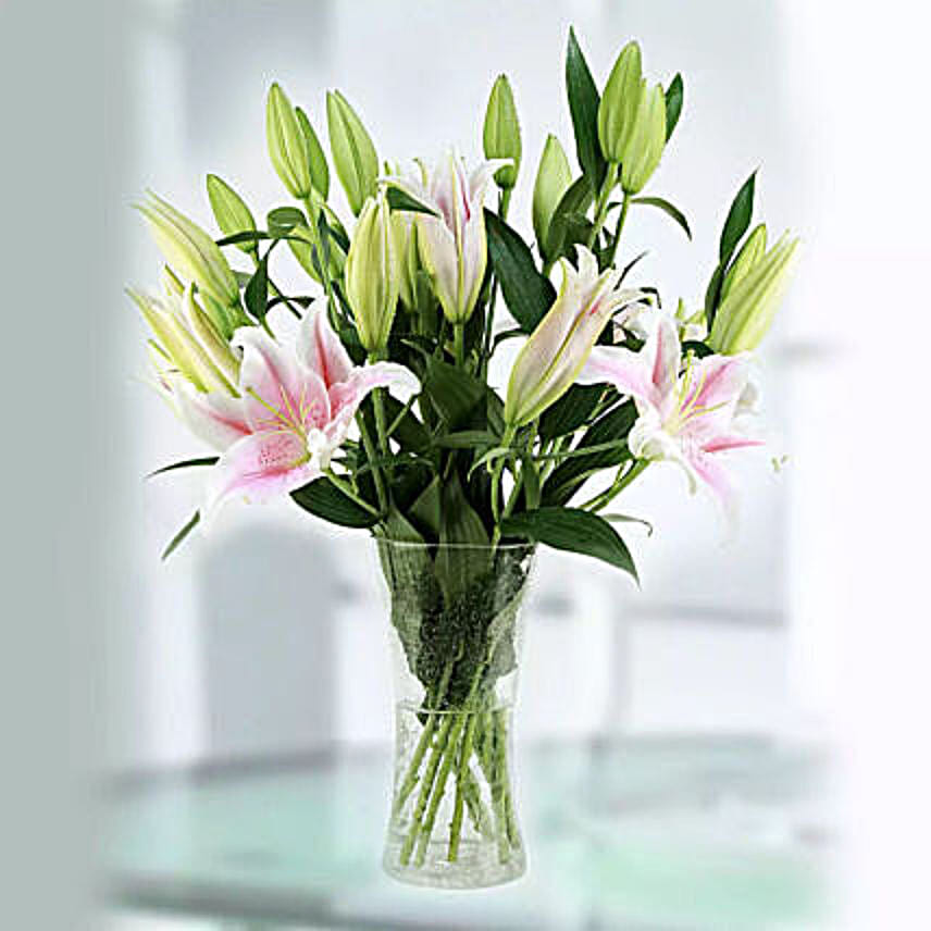 Online 10 Stems Pink Lilies Vase Gift Delivery in Qatar - Fnp.ae