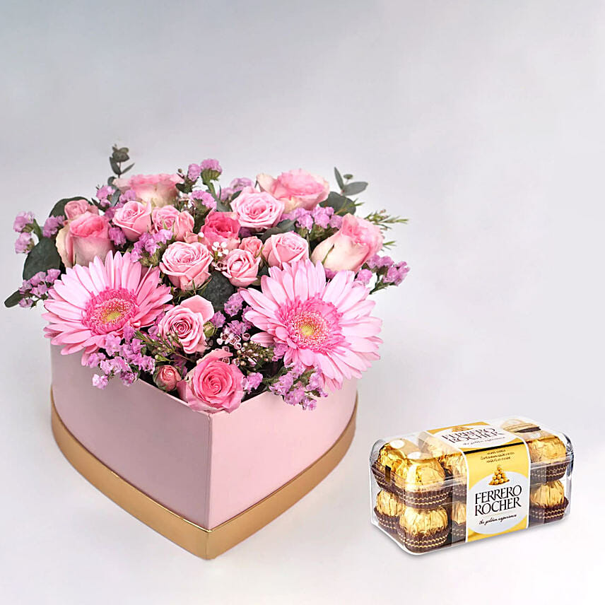 Blissful Mixed Flowers Heart Shaped Box With Ferrero Rocher