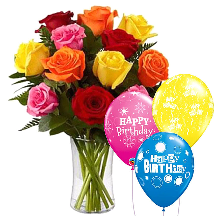 Online Dozen Mix Roses in a Glass Vase With Birthday Balloons Gift ...