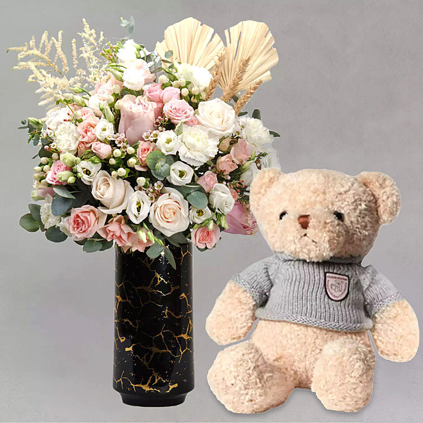 Exquisite Mixed Flowers In Black Vase With Teddy Bear